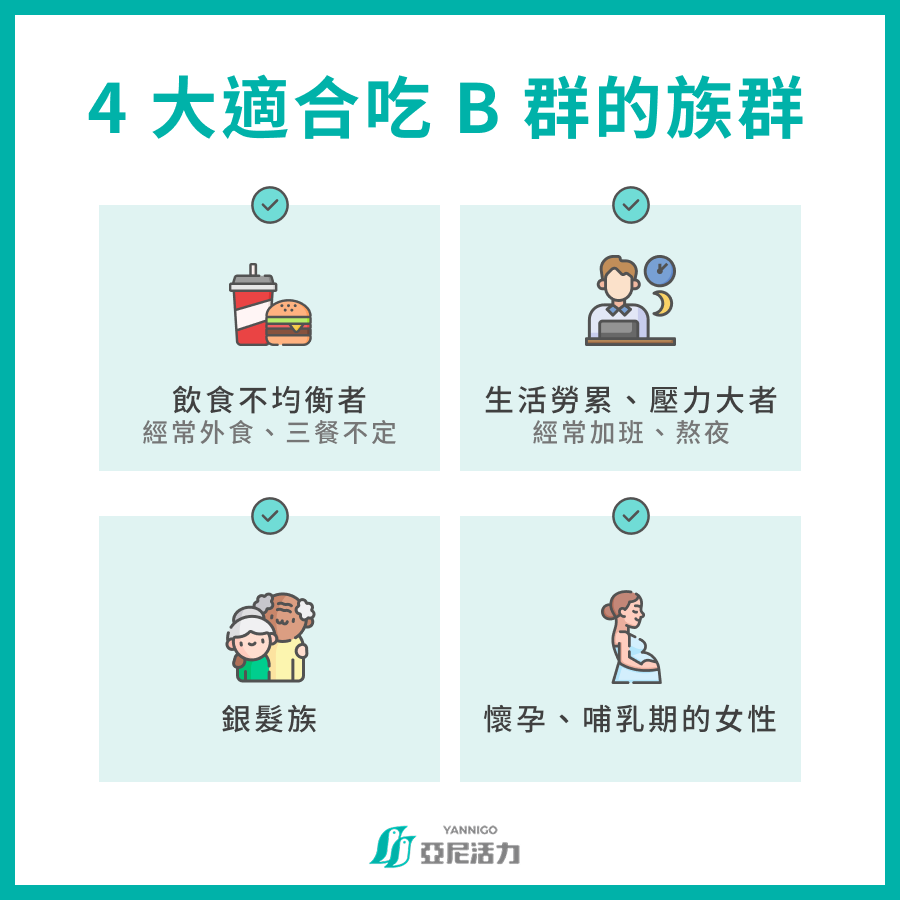 4 大適合吃 B 群的族群 -飲食不均衡者:經常外食、三餐不定 -生活勞累、壓力大者:時常加班、熬夜 -銀髮族 -懷孕、哺乳期的女性 4 大適合吃 B 群的族群 -飲食不均衡者:經常外食、三餐不定 -生活勞累、壓力大者:時常加班、熬夜 -銀髮族 -懷孕、哺乳期的女性